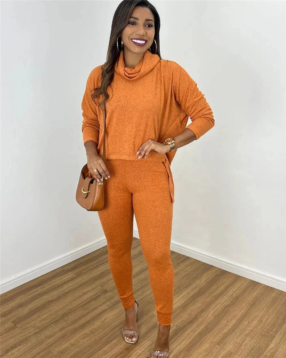 ZHEZHE 2024 Autumn And Winter Women's Solid Color High Neck Sweatshirts And Gym Leggings 2 Piece Set Women Lounge Wear