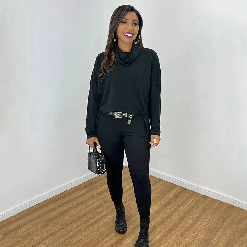 ZHEZHE 2024 Autumn And Winter Women's Solid Color High Neck Sweatshirts And Gym Leggings 2 Piece Set Women Lounge Wear
