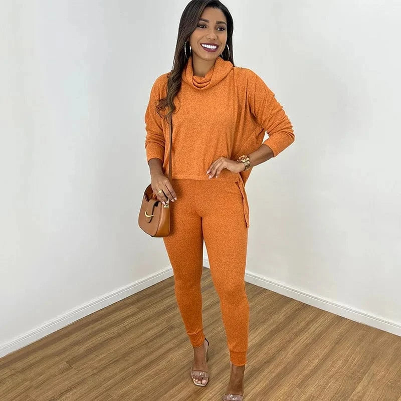 ZHEZHE 2024 Autumn And Winter Women's Solid Color High Neck Sweatshirts And Gym Leggings 2 Piece Set Women Lounge Wear