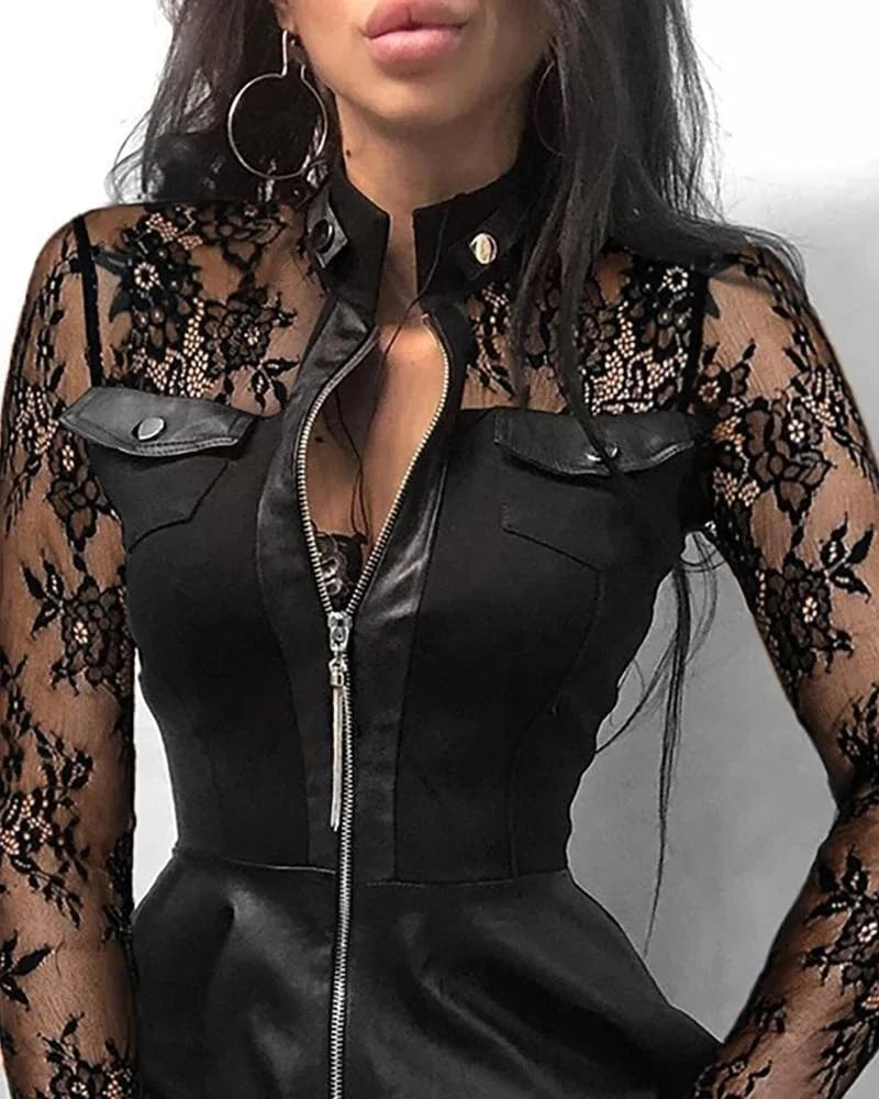 ZHEZHE 2024 Fall Clothing Fashion Winter Houndstooth Print Zipper Pocket Pu For Ladies Dress Women Casual