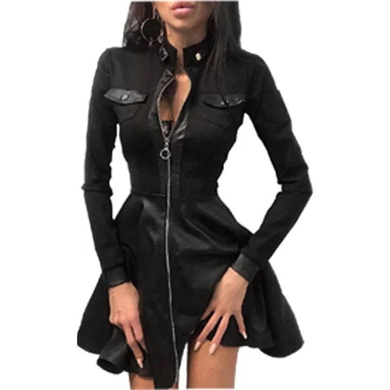 ZHEZHE 2024 Fall Clothing Fashion Winter Houndstooth Print Zipper Pocket Pu For Ladies Dress Women Casual