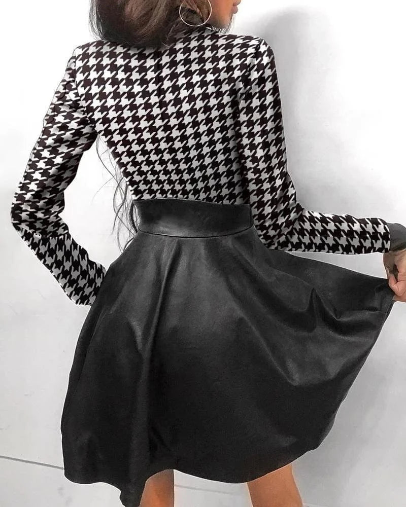 ZHEZHE 2024 Fall Clothing Fashion Winter Houndstooth Print Zipper Pocket Pu For Ladies Dress Women Casual