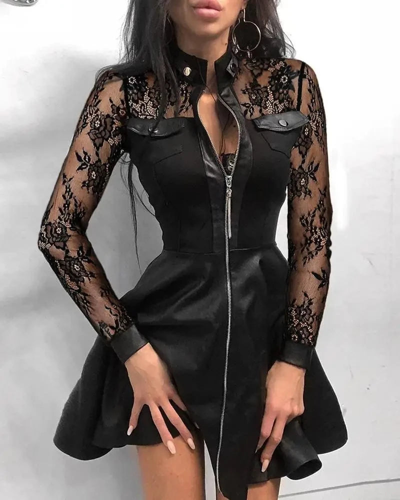 ZHEZHE 2024 Fall Clothing Fashion Winter Houndstooth Print Zipper Pocket Pu For Ladies Dress Women Casual