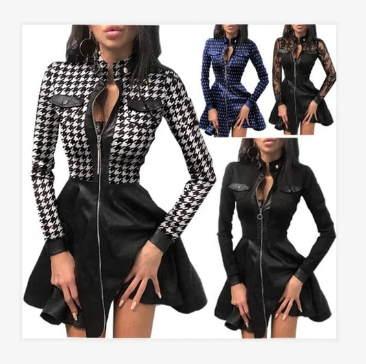 ZHEZHE 2024 Fall Clothing Fashion Winter Houndstooth Print Zipper Pocket Pu For Ladies Dress Women Casual