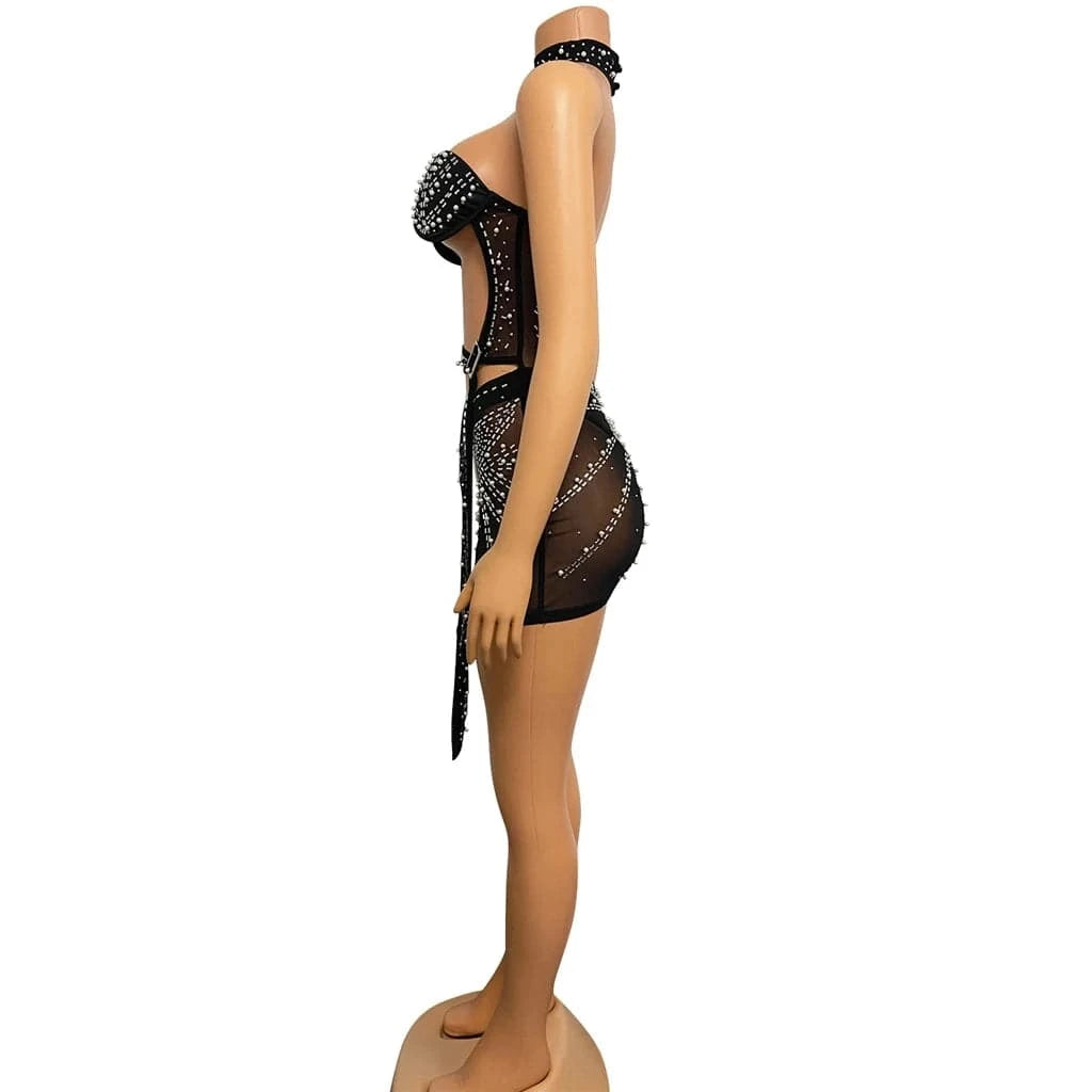 ZHEZHE 2024 New Arrival Sexy See Through Tube Dress With Underwear Rhinestone 3 Piece Night Club Party Dress