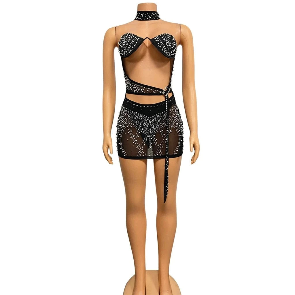 ZHEZHE 2024 New Arrival Sexy See Through Tube Dress With Underwear Rhinestone 3 Piece Night Club Party Dress