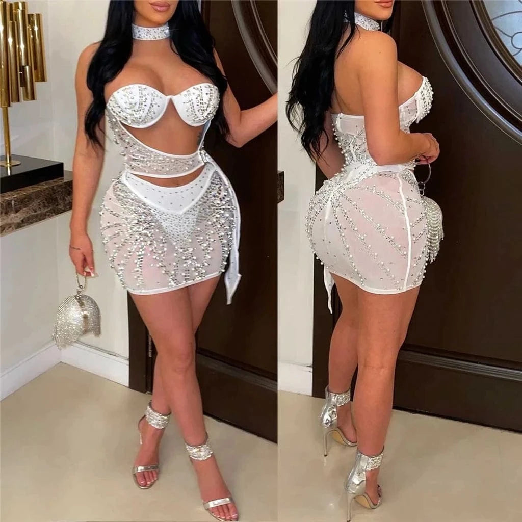 ZHEZHE 2024 New Arrival Sexy See Through Tube Dress With Underwear Rhinestone 3 Piece Night Club Party Dress