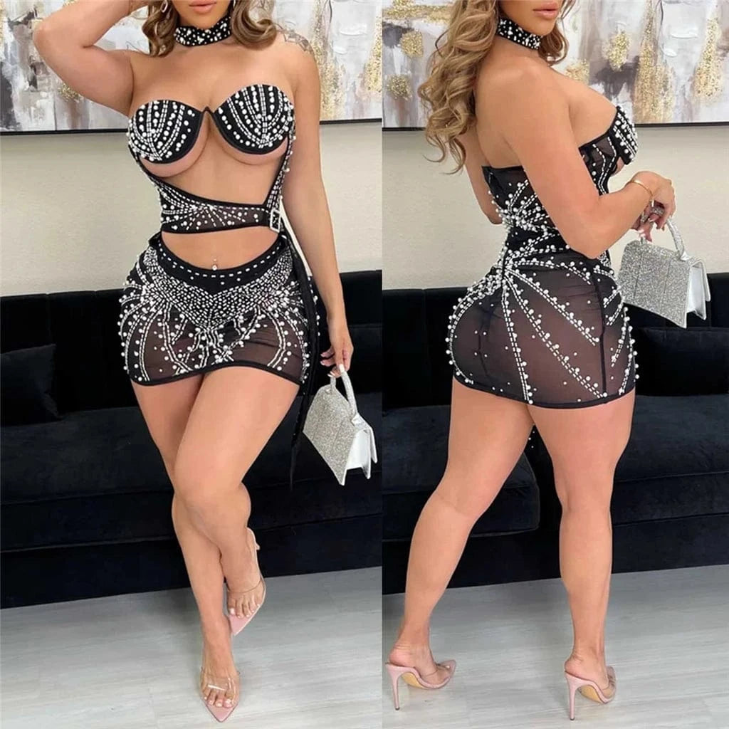 ZHEZHE 2024 New Arrival Sexy See Through Tube Dress With Underwear Rhinestone 3 Piece Night Club Party Dress