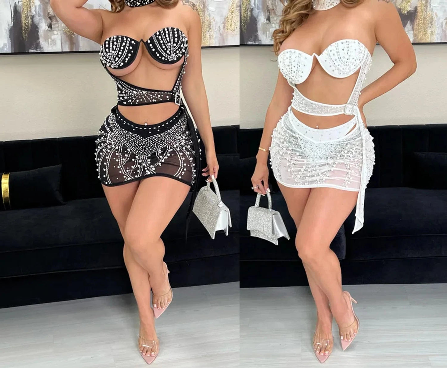 ZHEZHE 2024 New Arrival Sexy See Through Tube Dress With Underwear Rhinestone 3 Piece Night Club Party Dress