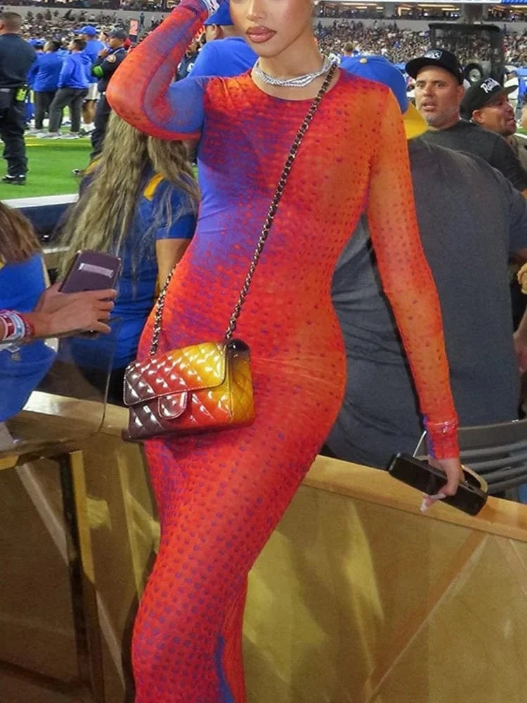 ZHEZHE 2024 New Arrival Wholesale Long Dresses Women Long Sleeves Mermaid Evening Print Outfits Elegant Bodycon Dresses Women