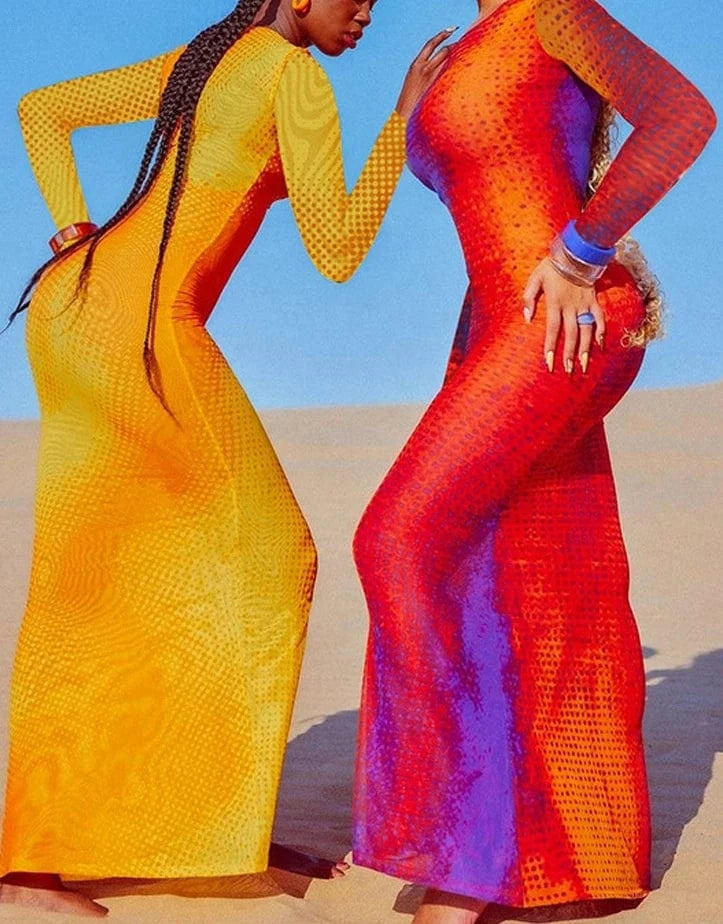 ZHEZHE 2024 New Arrival Wholesale Long Dresses Women Long Sleeves Mermaid Evening Print Outfits Elegant Bodycon Dresses Women