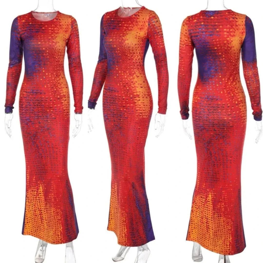 ZHEZHE 2024 New Arrival Wholesale Long Dresses Women Long Sleeves Mermaid Evening Print Outfits Elegant Bodycon Dresses Women