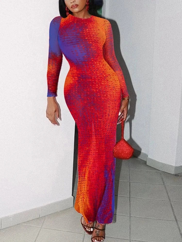 ZHEZHE 2024 New Arrival Wholesale Long Dresses Women Long Sleeves Mermaid Evening Print Outfits Elegant Bodycon Dresses Women