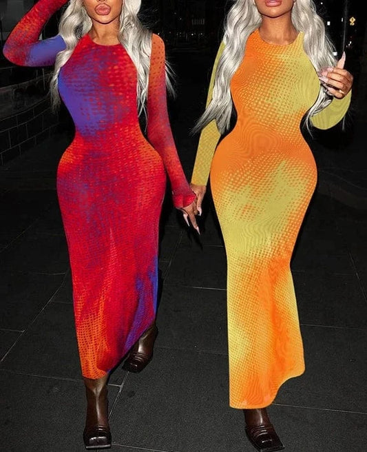 ZHEZHE 2024 New Arrival Wholesale Long Dresses Women Long Sleeves Mermaid Evening Print Outfits Elegant Bodycon Dresses Women