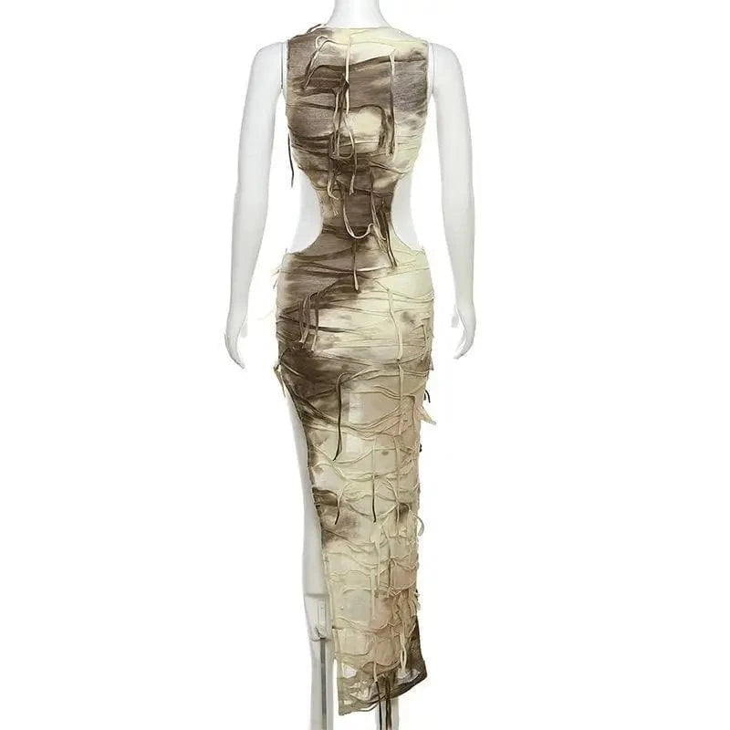 ZHEZHE 2024 New Arrivals Fashion Cut Out Broken Hole Beggar Tassel Slim Fit Wrap Hip Sleeveless Tank Top Long Casual Dress