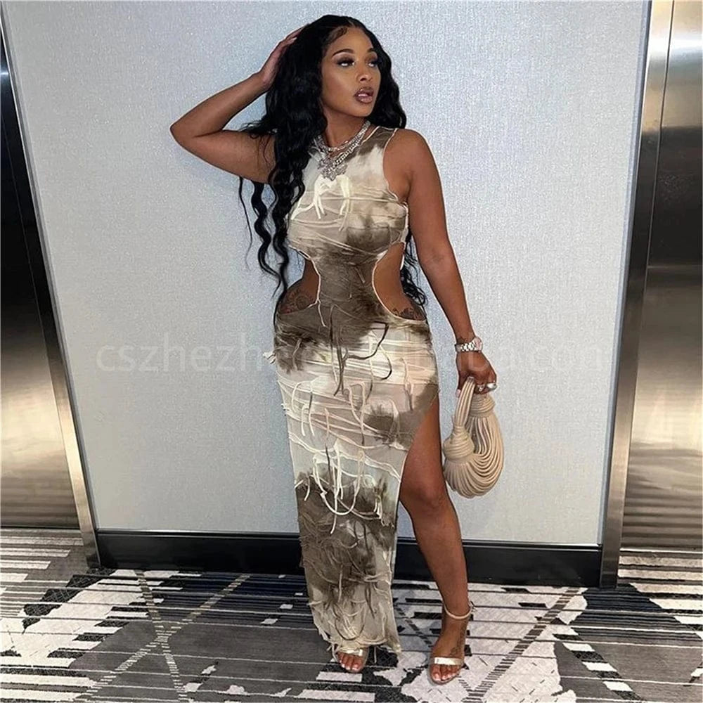 ZHEZHE 2024 New Arrivals Fashion Cut Out Broken Hole Beggar Tassel Slim Fit Wrap Hip Sleeveless Tank Top Long Casual Dress