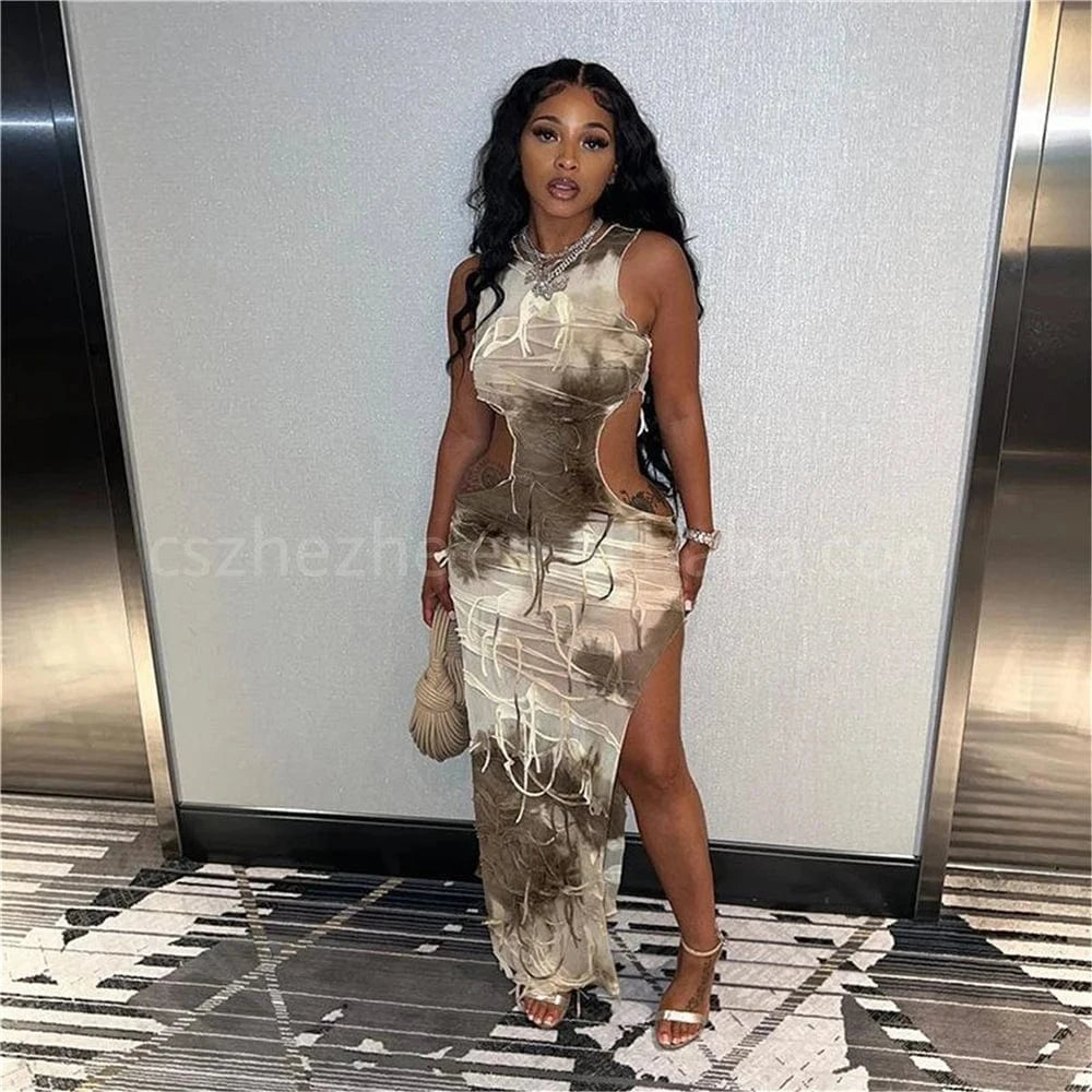 ZHEZHE 2024 New Arrivals Fashion Cut Out Broken Hole Beggar Tassel Slim Fit Wrap Hip Sleeveless Tank Top Long Casual Dress