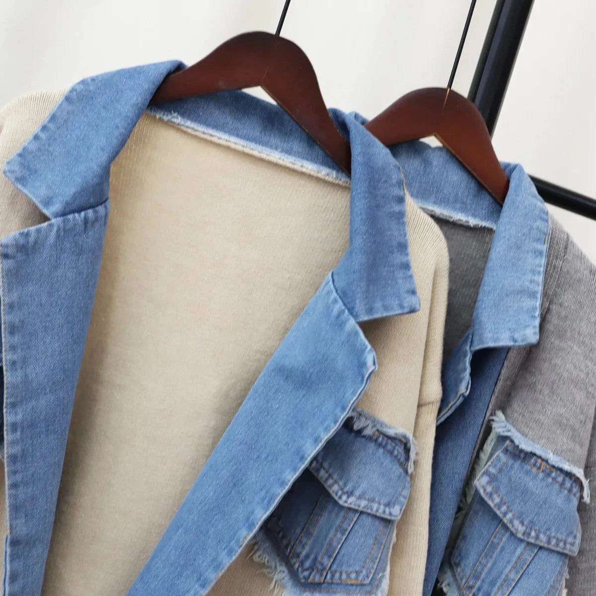 ZHEZHE 2024 New Arrivals Ready To Ship Winter Warmly Thick Sweaters Patchwork Denim Jeans Coats