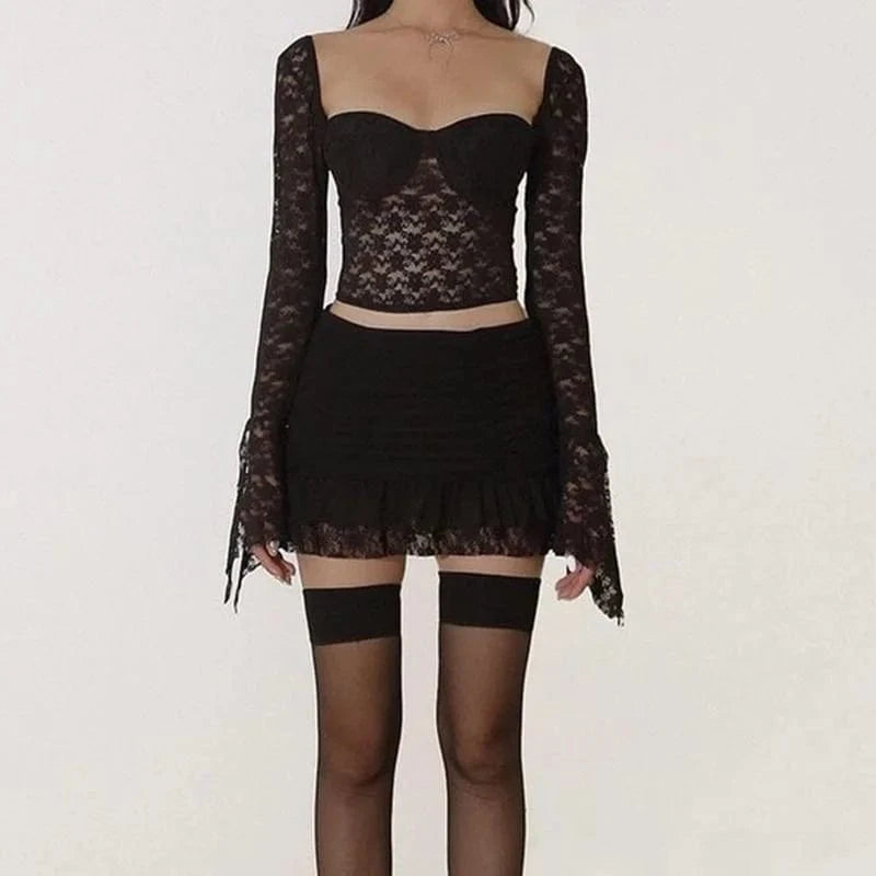 ZHEZHE 2024 New Clothes Women Sexy White Lace Outfits Two Pieces Skirts Sets