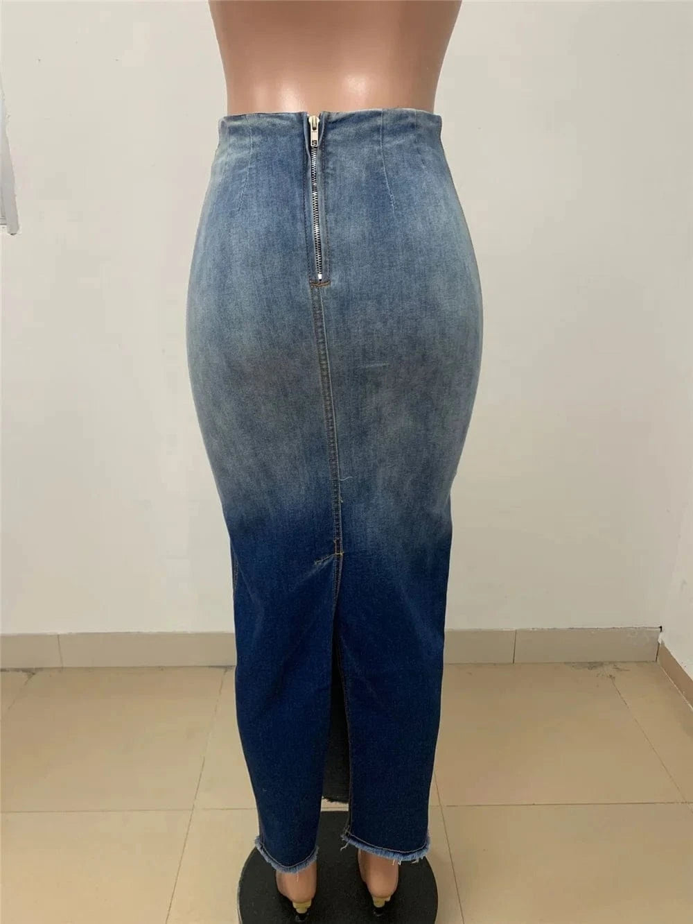 ZHEZHE 2024 New Fall Women Clothes Fashion Slit-fringed Denim Skirt Sexy Denim Bodycon Gradient Women's Skirts
