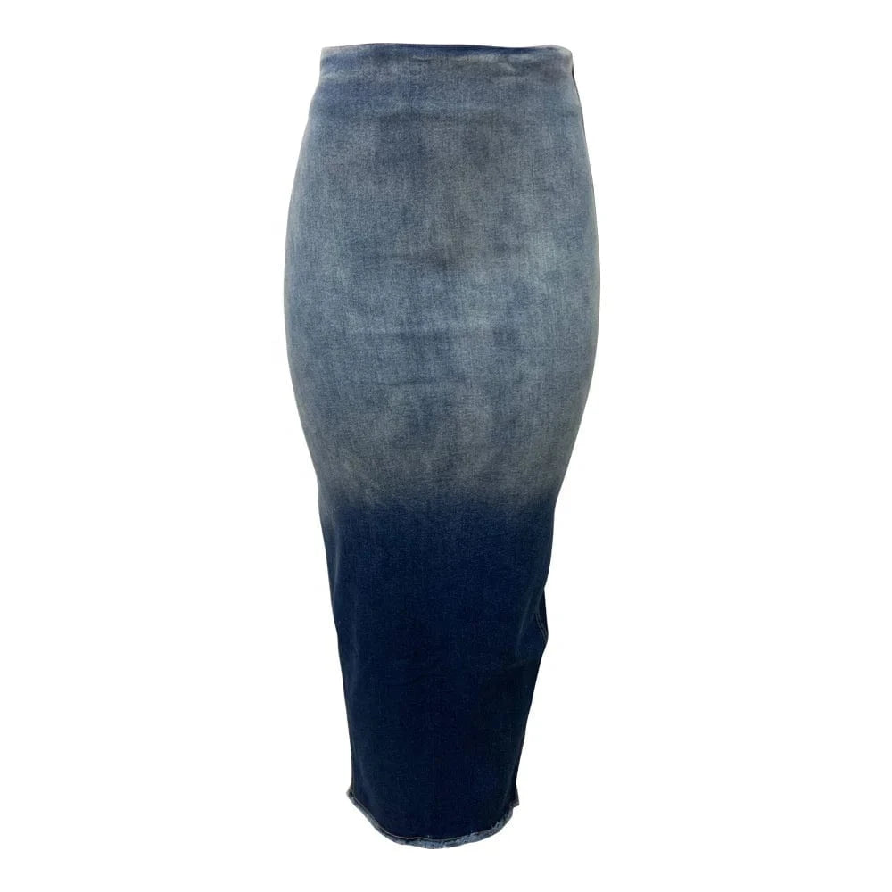 ZHEZHE 2024 New Fall Women Clothes Fashion Slit-fringed Denim Skirt Sexy Denim Bodycon Gradient Women's Skirts