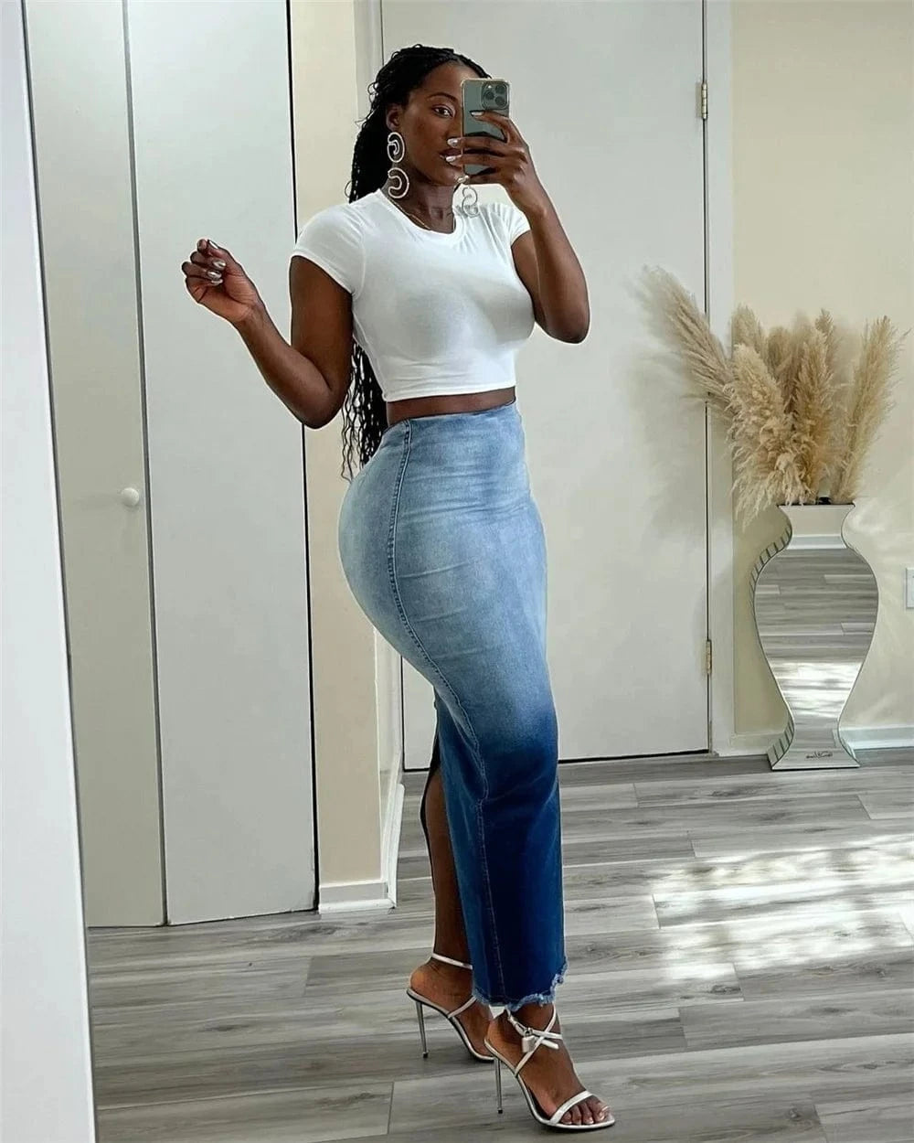 ZHEZHE 2024 New Fall Women Clothes Fashion Slit-fringed Denim Skirt Sexy Denim Bodycon Gradient Women's Skirts