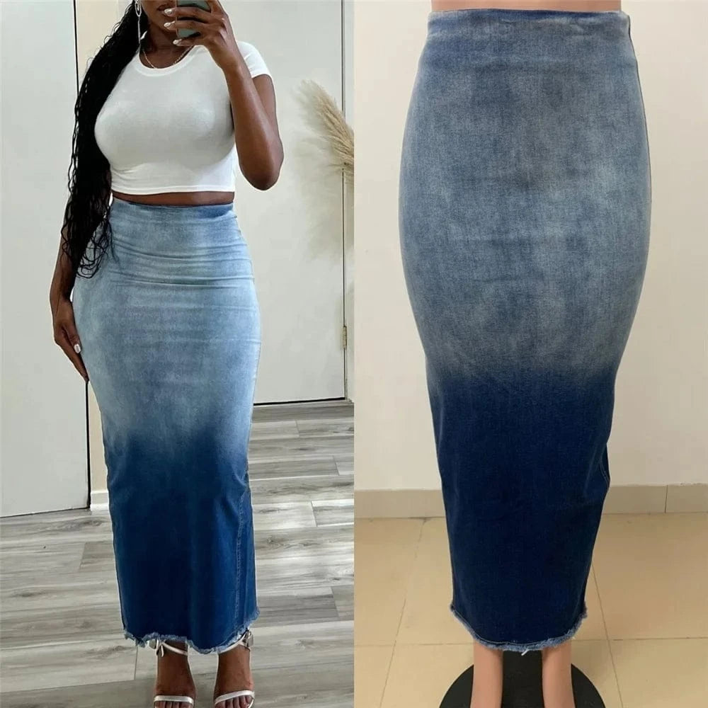ZHEZHE 2024 New Fall Women Clothes Fashion Slit-fringed Denim Skirt Sexy Denim Bodycon Gradient Women's Skirts