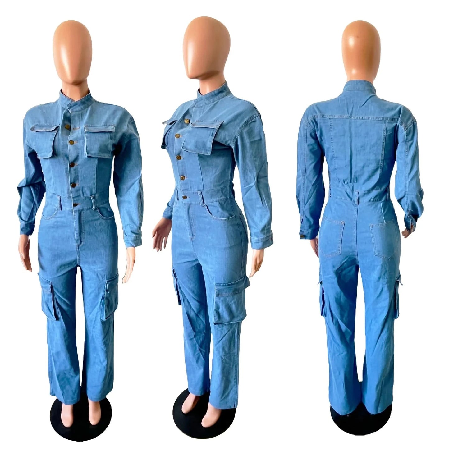 ZHEZHE 2024 New Spring Trendy Washed Denim Jumpsuits Long Sleeve Tight Waist Romper Multi Pocket Cargo Jumpsuits