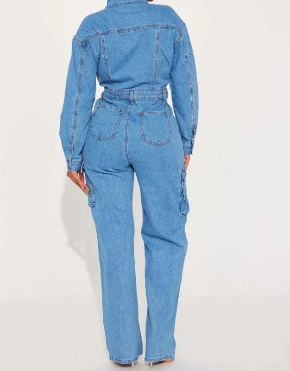 ZHEZHE 2024 New Spring Trendy Washed Denim Jumpsuits Long Sleeve Tight Waist Romper Multi Pocket Cargo Jumpsuits