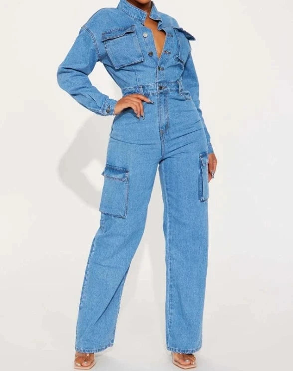 ZHEZHE 2024 New Spring Trendy Washed Denim Jumpsuits Long Sleeve Tight Waist Romper Multi Pocket Cargo Jumpsuits