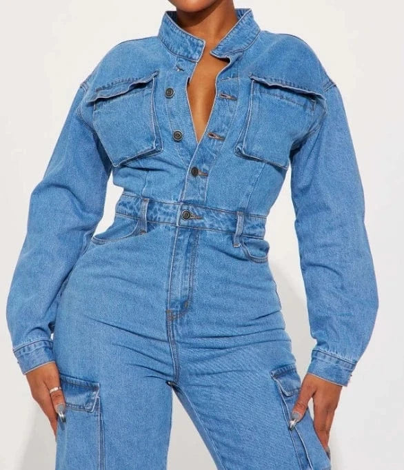 ZHEZHE 2024 New Spring Trendy Washed Denim Jumpsuits Long Sleeve Tight Waist Romper Multi Pocket Cargo Jumpsuits