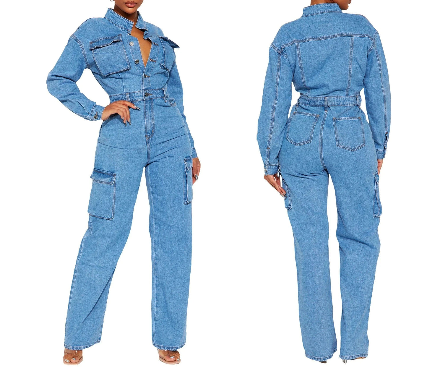ZHEZHE 2024 New Spring Trendy Washed Denim Jumpsuits Long Sleeve Tight Waist Romper Multi Pocket Cargo Jumpsuits