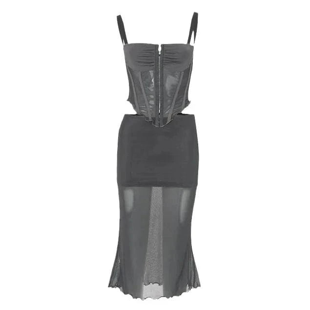 ZHEZHE 2024 Patchwork Crop Top 2 Piece Skirt Set Corset Tops And Midi Skirt See Through Mesh Two Piece Set