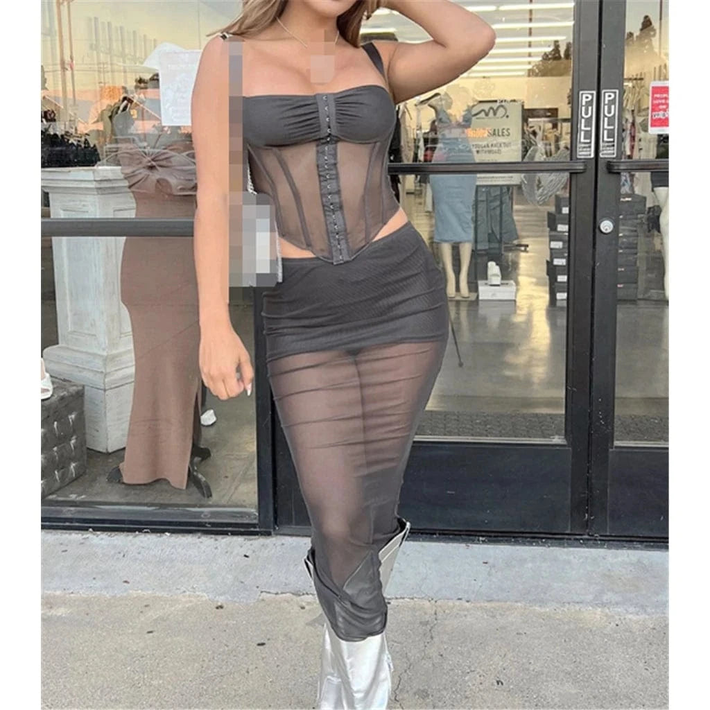 ZHEZHE 2024 Patchwork Crop Top 2 Piece Skirt Set Corset Tops And Midi Skirt See Through Mesh Two Piece Set