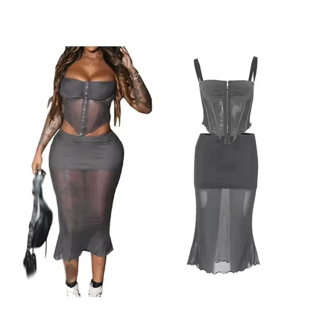 ZHEZHE 2024 Patchwork Crop Top 2 Piece Skirt Set Corset Tops And Midi Skirt See Through Mesh Two Piece Set