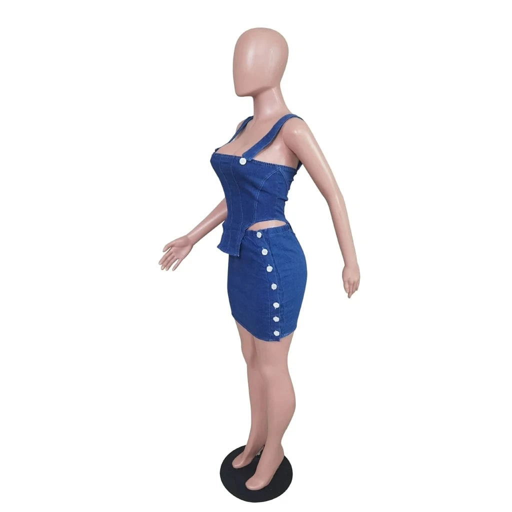 ZHEZHE 2024 Spring Jeans Mini Skirt Outfit Sexy Women Elegant Two Pieces Denim Club Matching Set Top+short Skirt