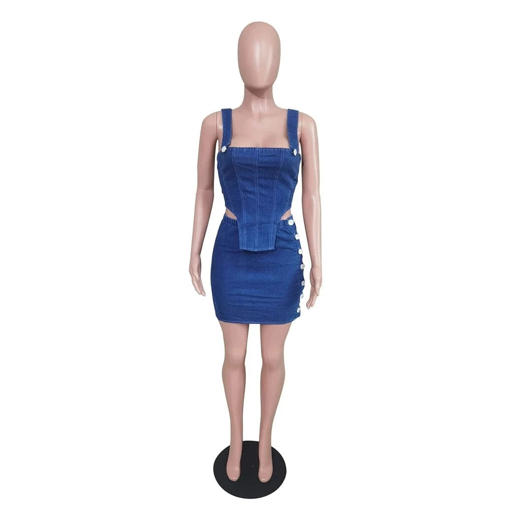 ZHEZHE 2024 Spring Jeans Mini Skirt Outfit Sexy Women Elegant Two Pieces Denim Club Matching Set Top+short Skirt