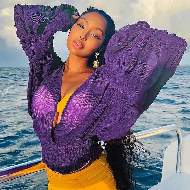 ZHEZHE 2024 Spring New Arrivals Fashionable Bubble Sleeve Pleated Top Versatile Deep V Sexy Chiffon Shirt Tops