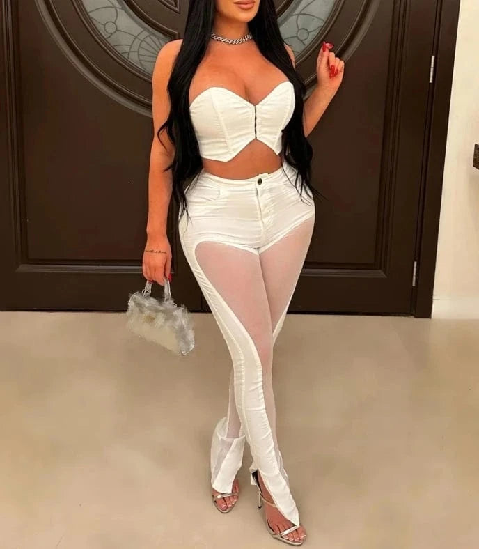 ZHEZHE 2024 Spring summer Women Sexy Tube Crop Top And Flare Slit Hem Mesh Patchwork Pants Casual 2 Piece Outfit