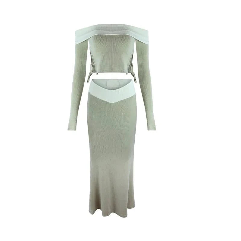 ZHEZHE 2024 Spring Women's Fashion candy color Sexy Slim Fit Off the Shoulder tops and pleated skirt dress two piece set