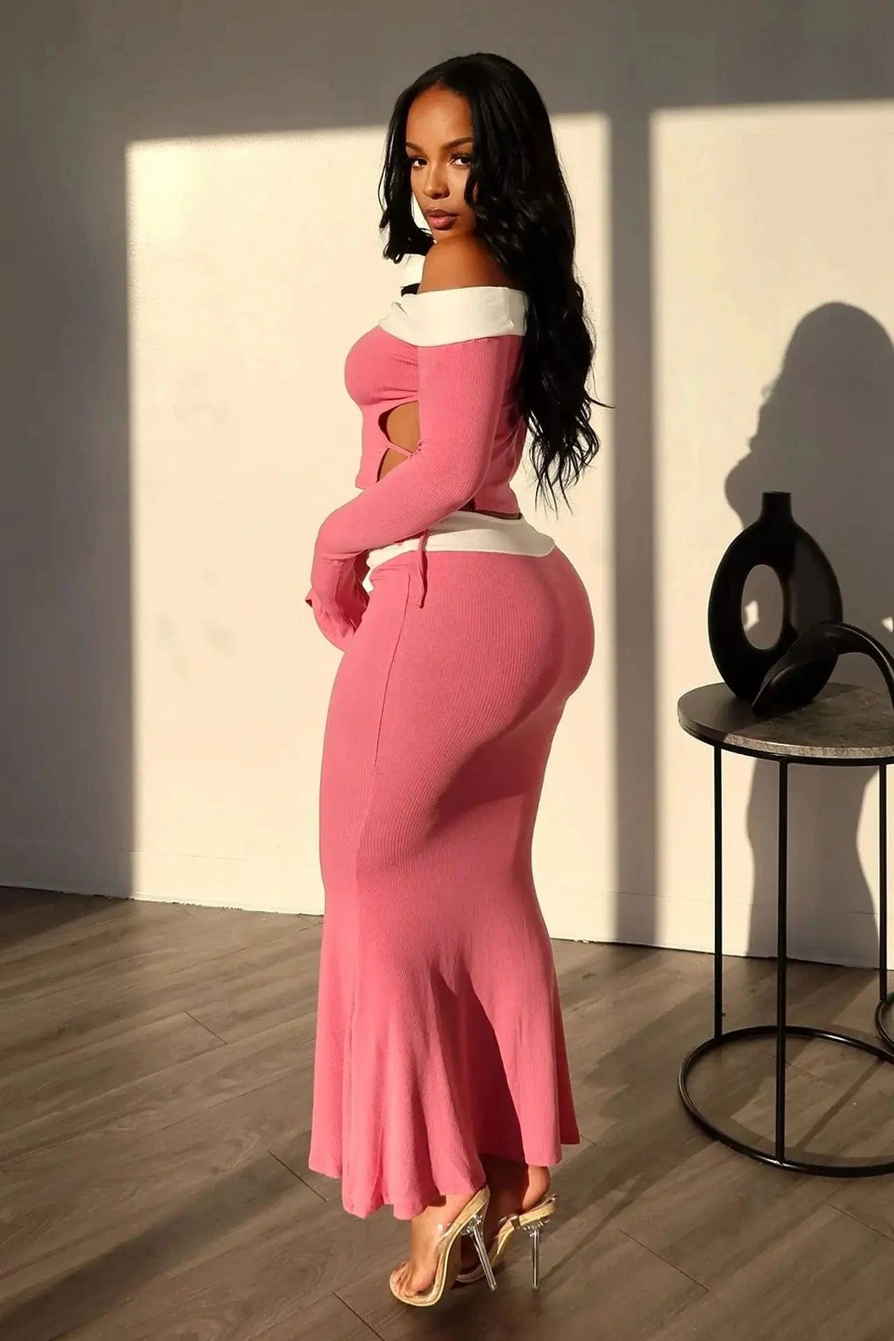 ZHEZHE 2024 Spring Women's Fashion candy color Sexy Slim Fit Off the Shoulder tops and pleated skirt dress two piece set