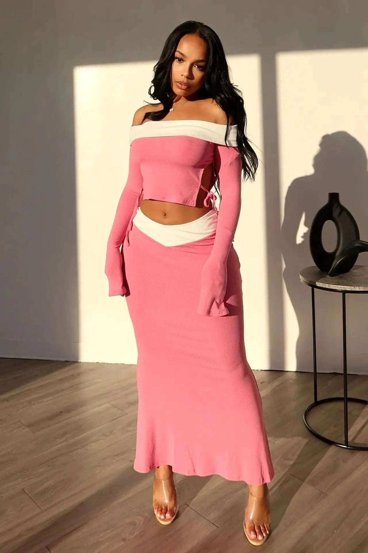 ZHEZHE 2024 Spring Women's Fashion candy color Sexy Slim Fit Off the Shoulder tops and pleated skirt dress two piece set