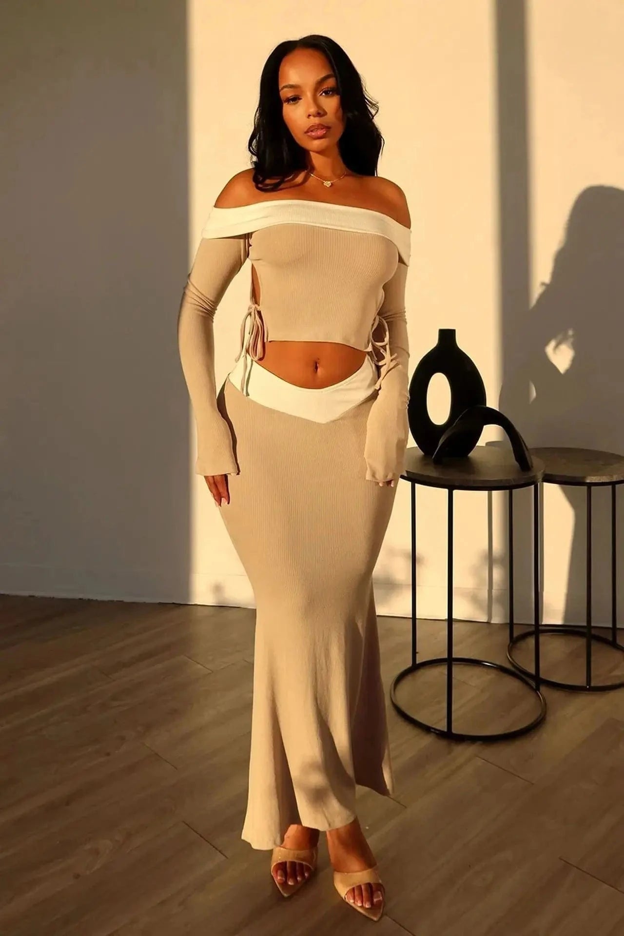 ZHEZHE 2024 Spring Women's Fashion candy color Sexy Slim Fit Off the Shoulder tops and pleated skirt dress two piece set