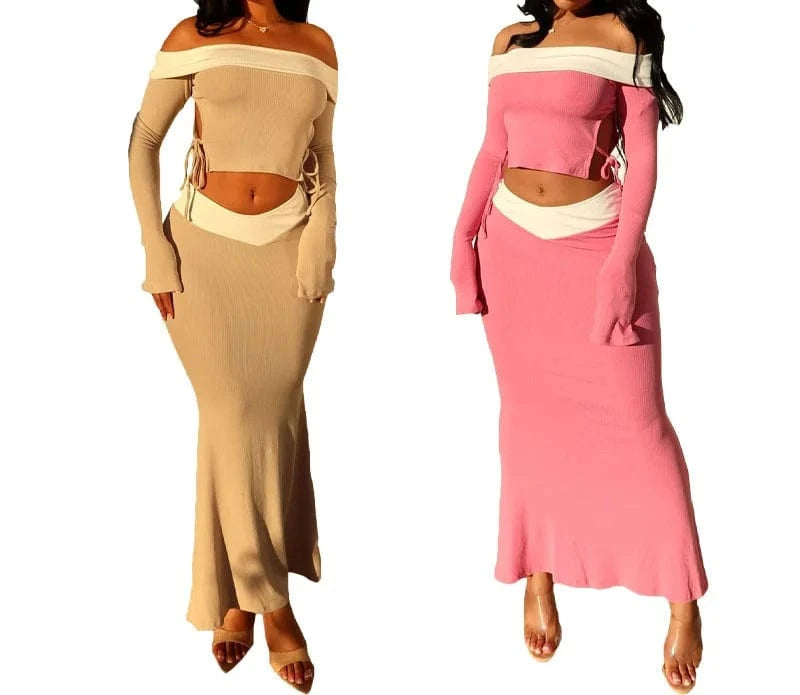 ZHEZHE 2024 Spring Women's Fashion candy color Sexy Slim Fit Off the Shoulder tops and pleated skirt dress two piece set
