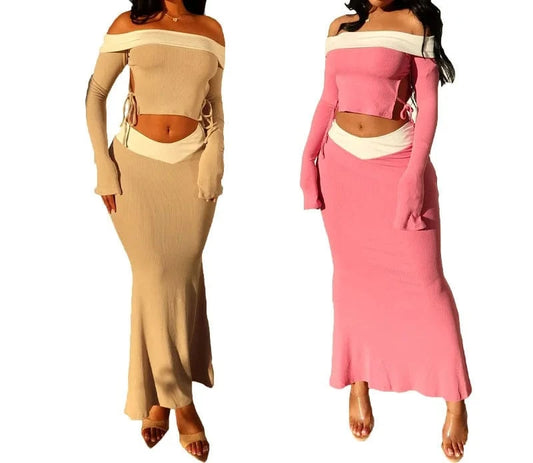 ZHEZHE 2024 Spring Women's Fashion candy color Sexy Slim Fit Off the Shoulder tops and pleated skirt dress two piece set