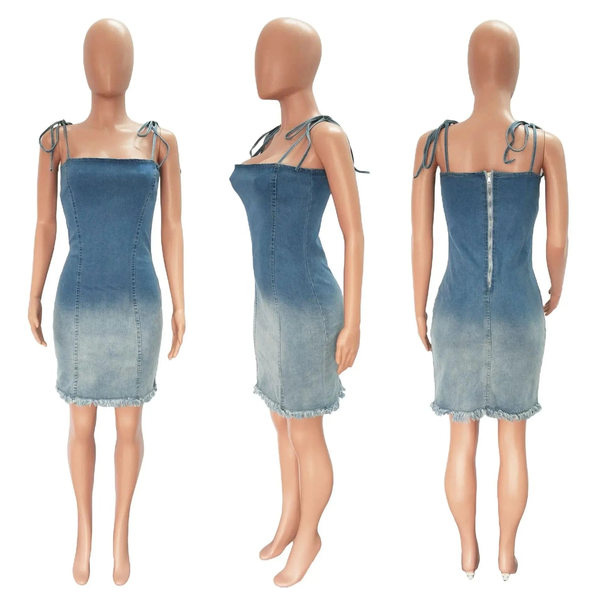 ZHEZHE 2024 summer gradient spaghetti strap women denim dresses slim fit sexy bodycon dress
