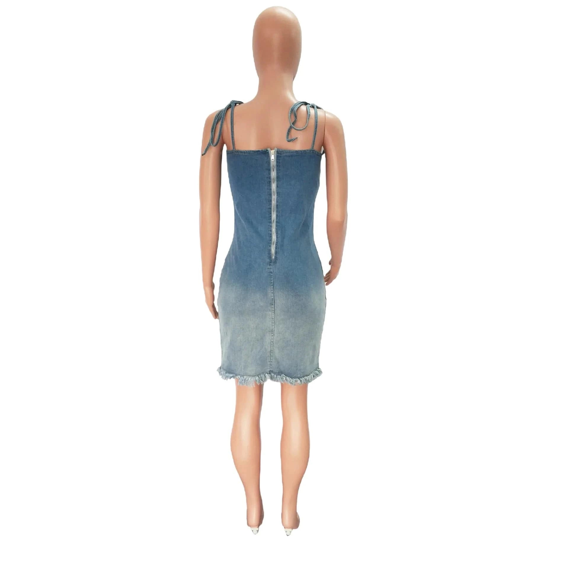 ZHEZHE 2024 summer gradient spaghetti strap women denim dresses slim fit sexy bodycon dress