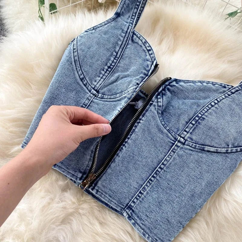 ZHEZHE 2024 Summer New Chic Sleeveless Tank Top Matching Bodycon Long Skirt Denim Two Piece Skirt Set Fashion Women Set