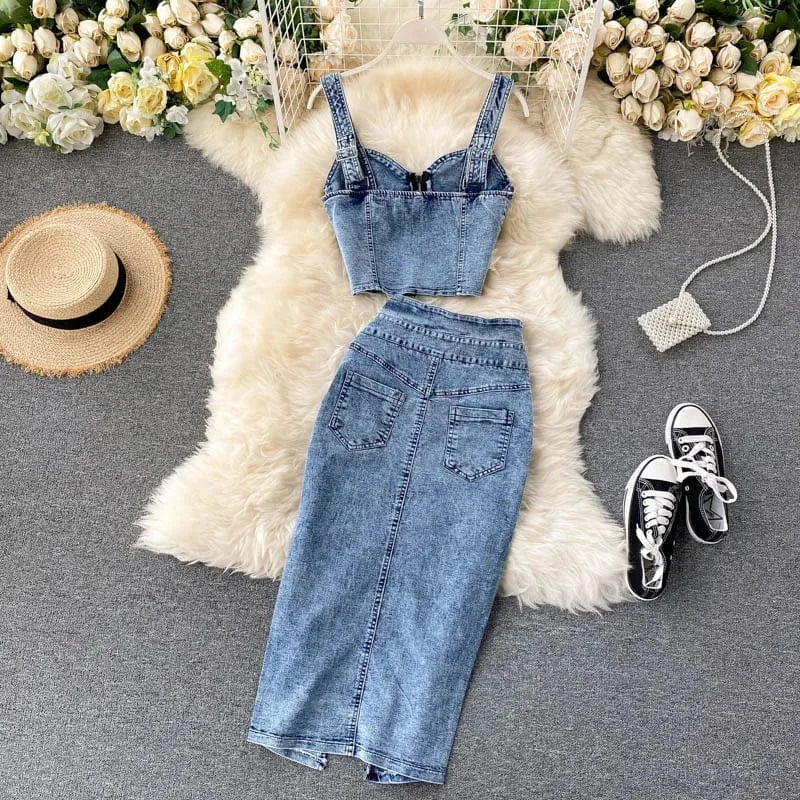 ZHEZHE 2024 Summer New Chic Sleeveless Tank Top Matching Bodycon Long Skirt Denim Two Piece Skirt Set Fashion Women Set