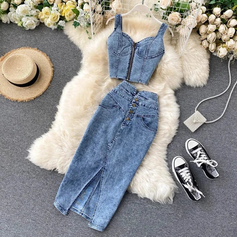 ZHEZHE 2024 Summer New Chic Sleeveless Tank Top Matching Bodycon Long Skirt Denim Two Piece Skirt Set Fashion Women Set